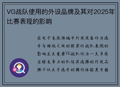 VG战队使用的外设品牌及其对2025年比赛表现的影响